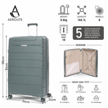 Aerolite 32” XL 144L Polypropylene (PP) Checked Luggage – Lightweight Extra Large Hard Shell Suitcase with 4 Spinner Wheels, TSA Lock & Waterproof Pocket – Green